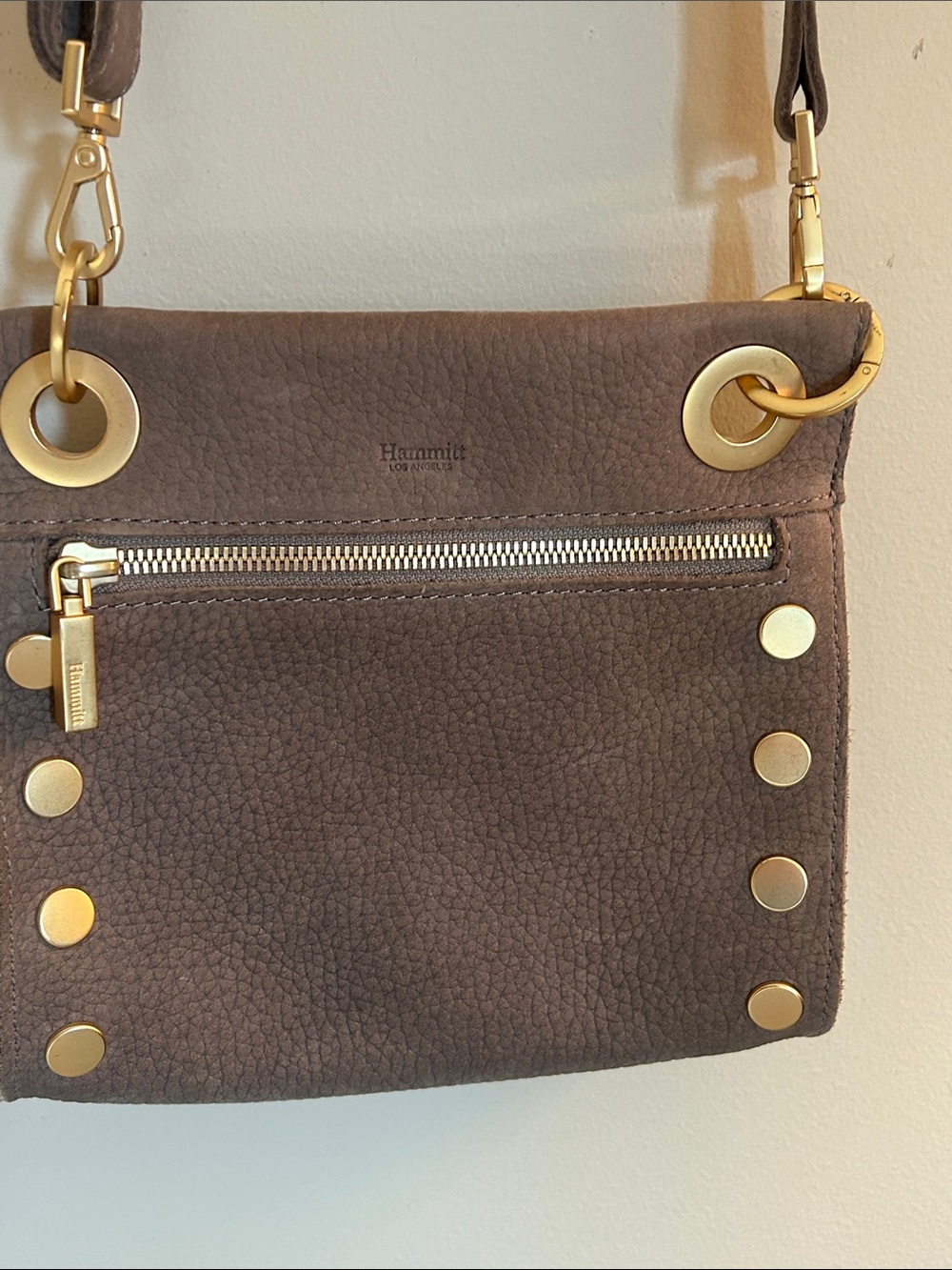 Hammitt Brown Pebbled Leather Crossbody with Gold Accents